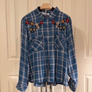 Billy T Blue Plaid Denim Shirt with Floral Embroidery